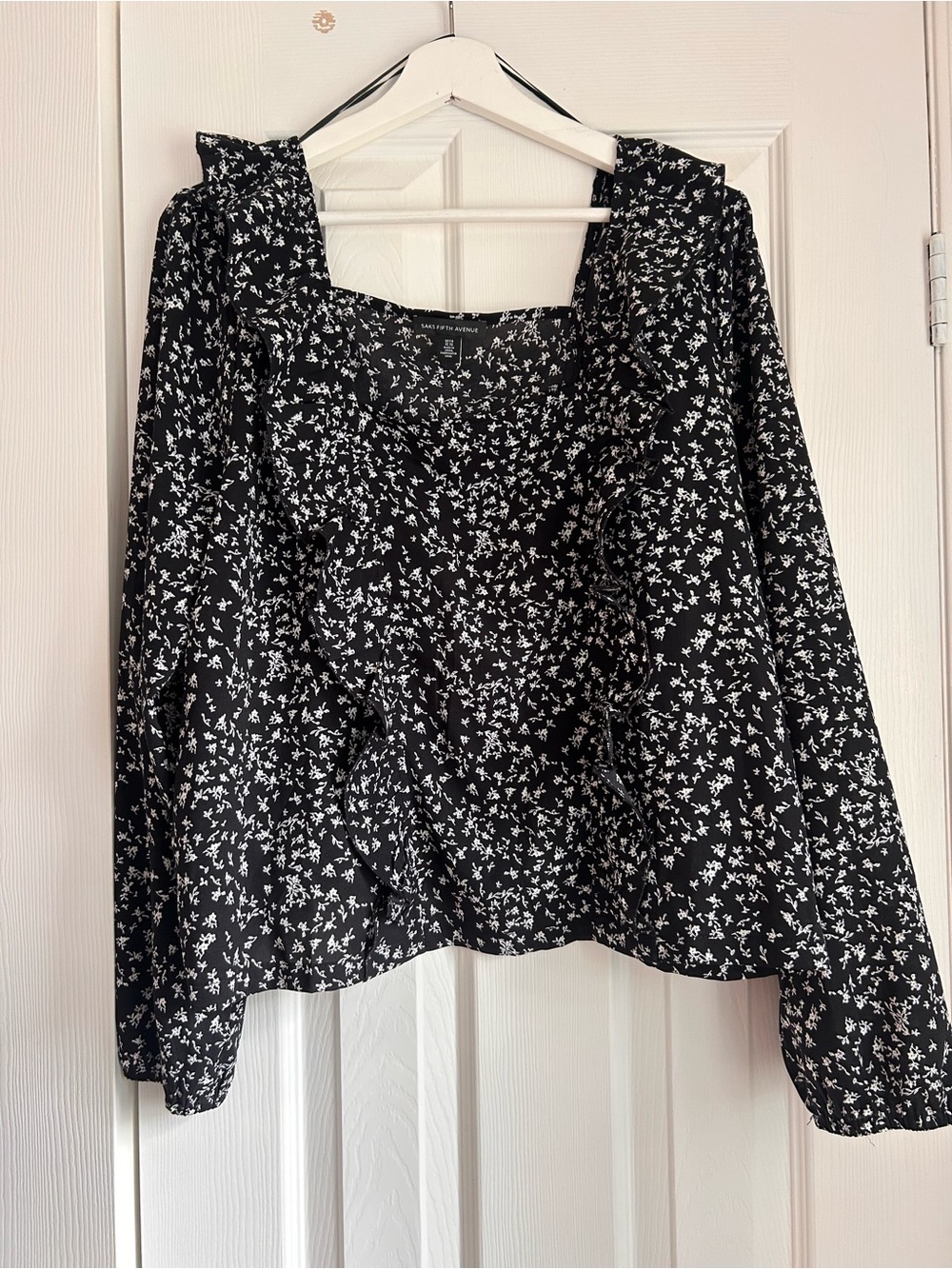 Women's Black Floral Ruffle Blouse - Square Neck Long Sleeve